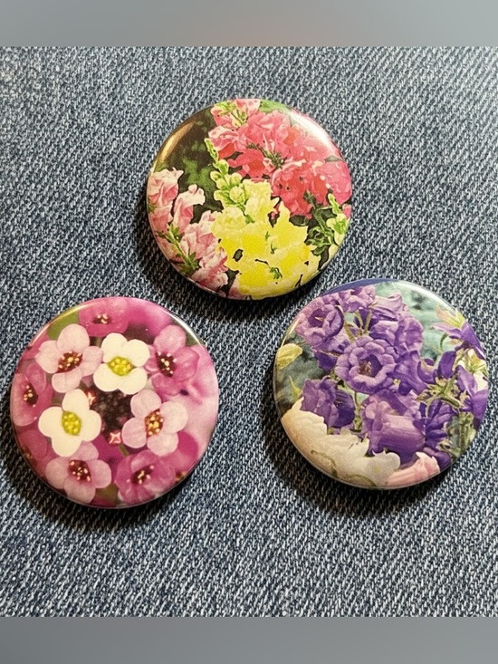 Handmade Jewelry - Handmade Floral Button Set Seed Packet Upcycled Pins 1.25in Cottagecore Spring